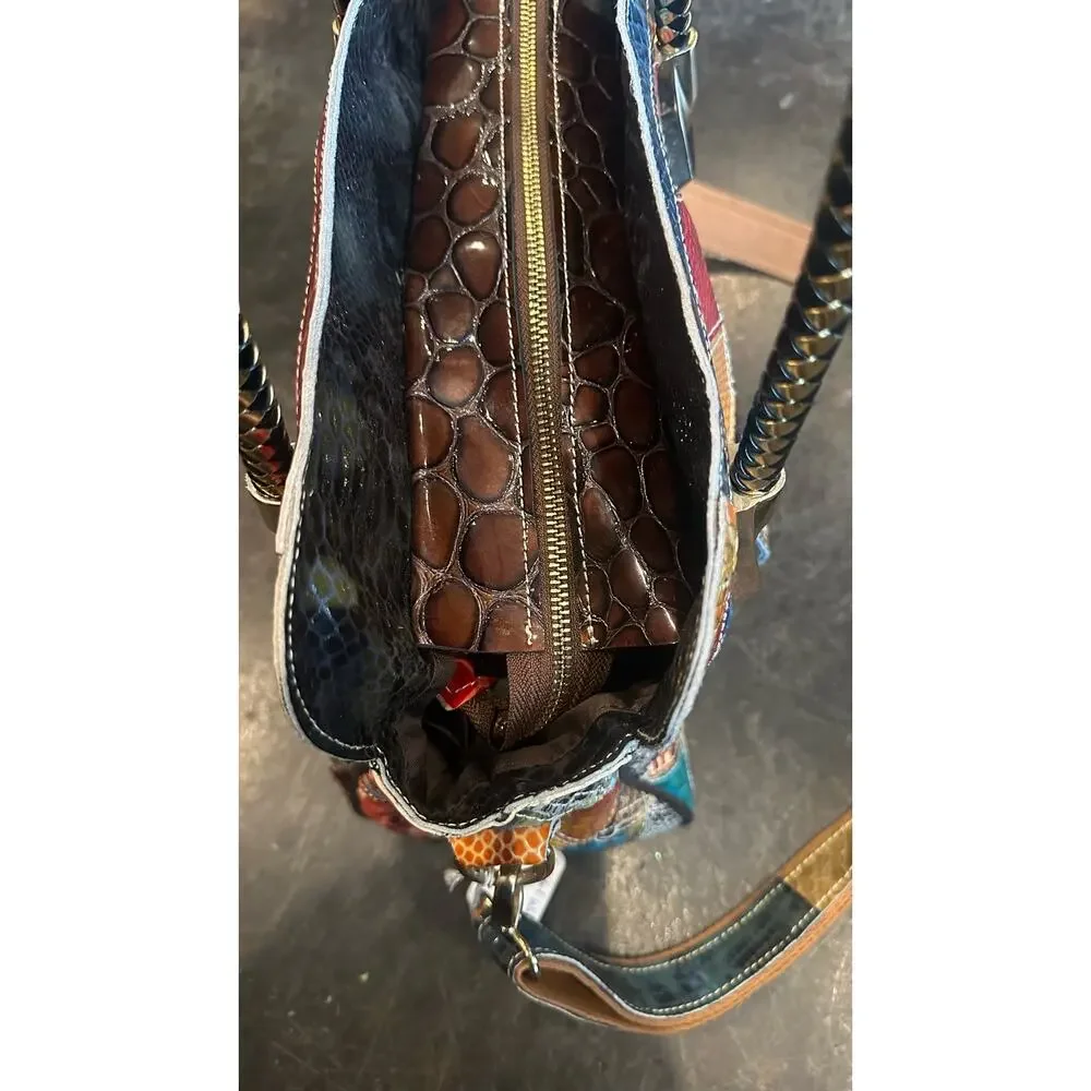 Vintage Leather Snake Blocks Patchwork Handbag Satchel Tote Shoulder Bag